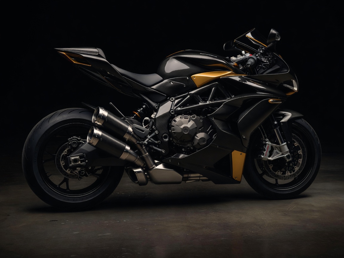 MV Agusta Superveloce 1000 Serie Oro high-contrast motorcycle with under-seat quad tailpipes and carbon fiber aerodynamic elements
