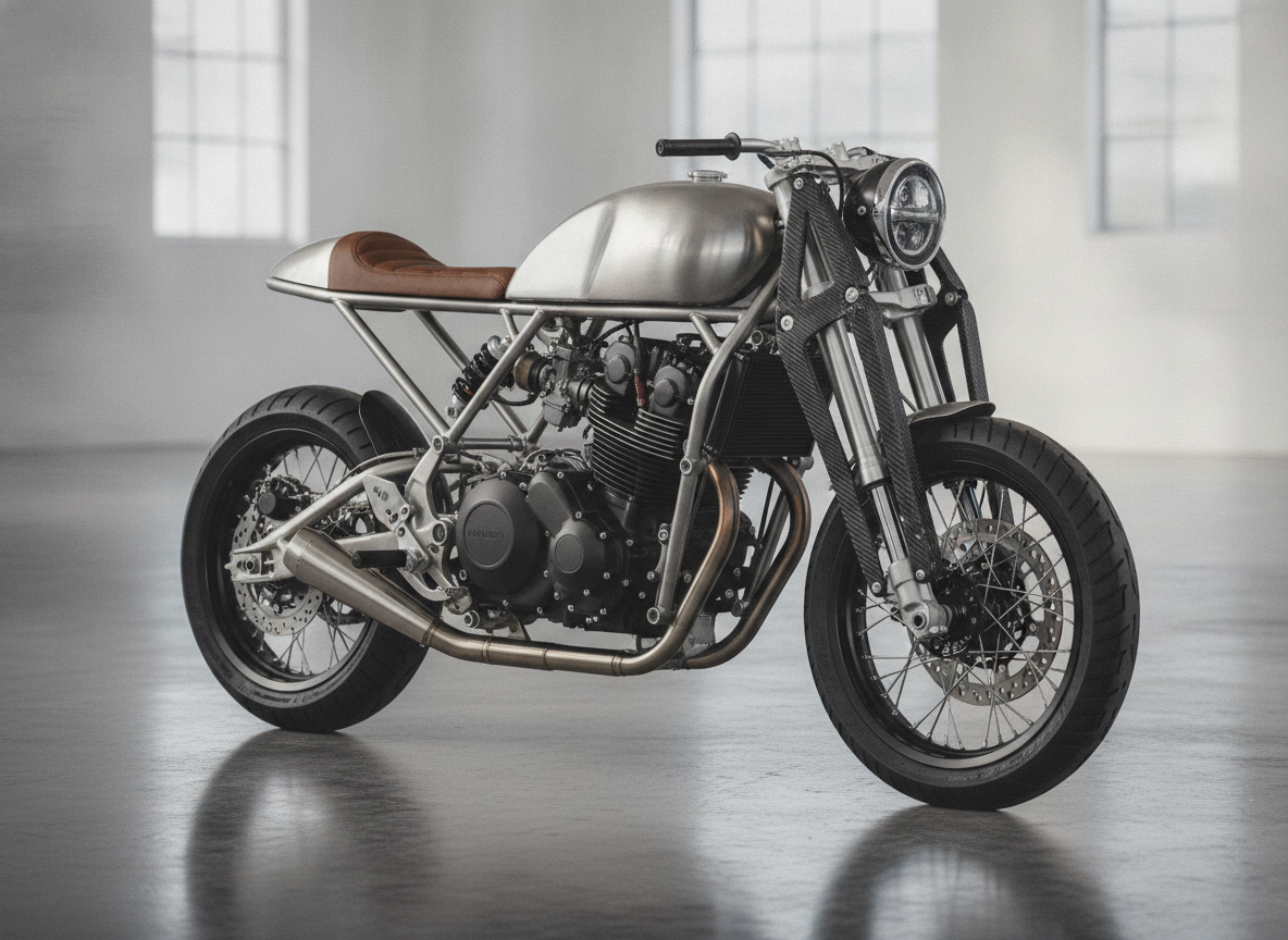 Praga ZS800 minimalist heritage style motorcycle with complex woven carbon girder forks and titanium chassis layout